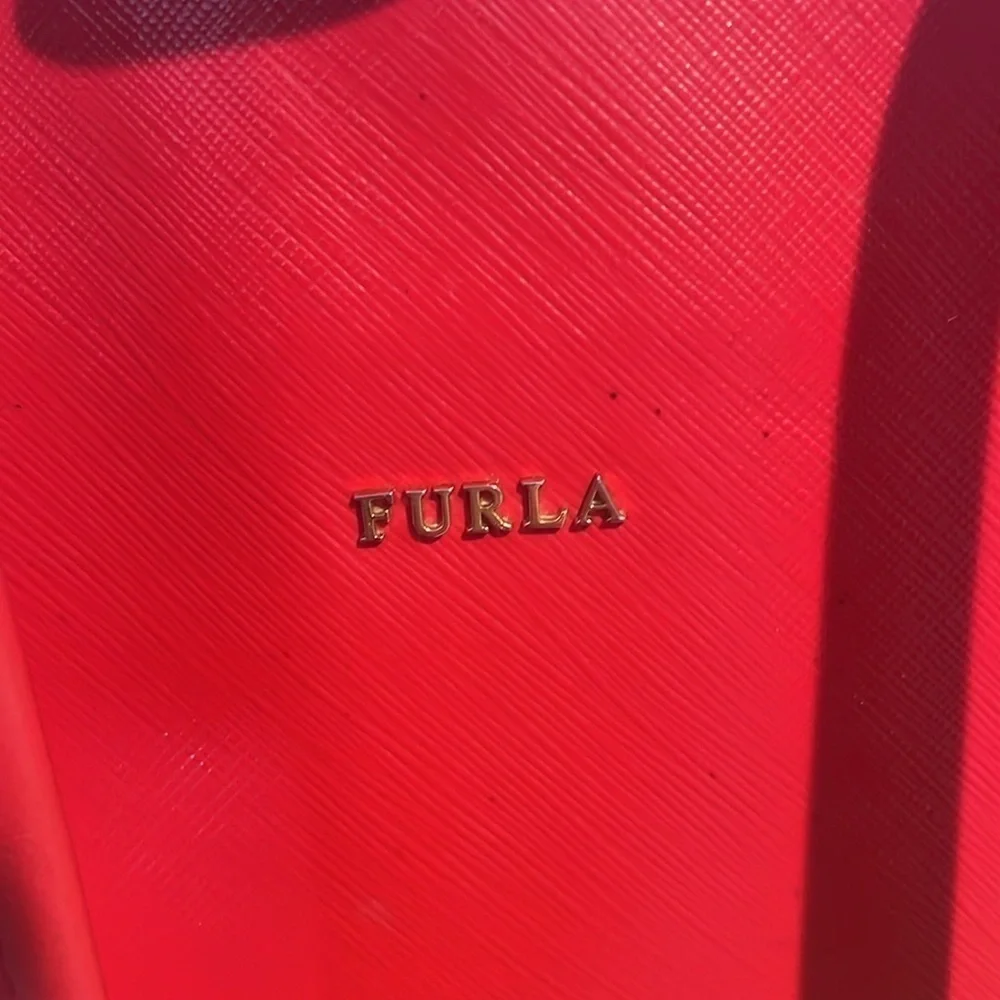 Furla Melissa Leather Tote Shoulder Bag Red White Gold